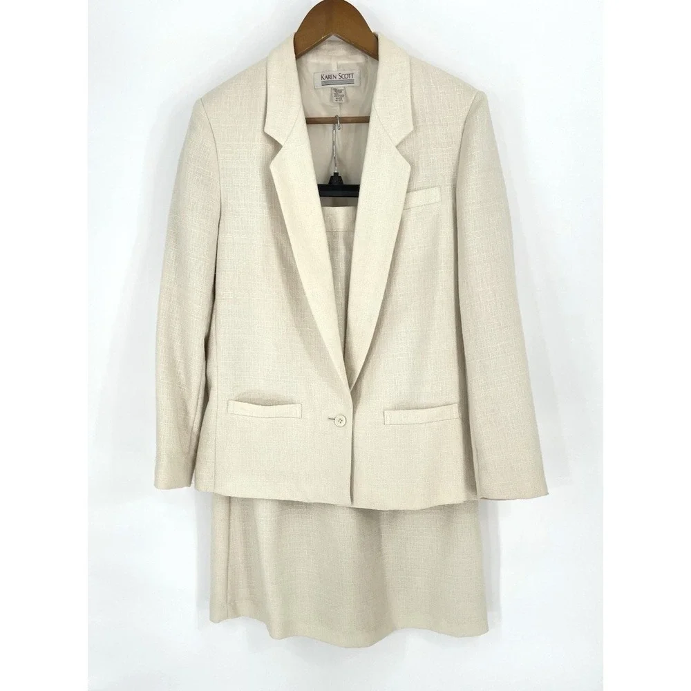 Vtg‎ Karen Scott Women 12 Skirt Suit Beige Linen Blend Lined One Button Career